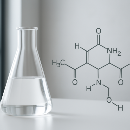 A laboratory flask containing clear liquid with a displayed molecular structure diagram nearby.