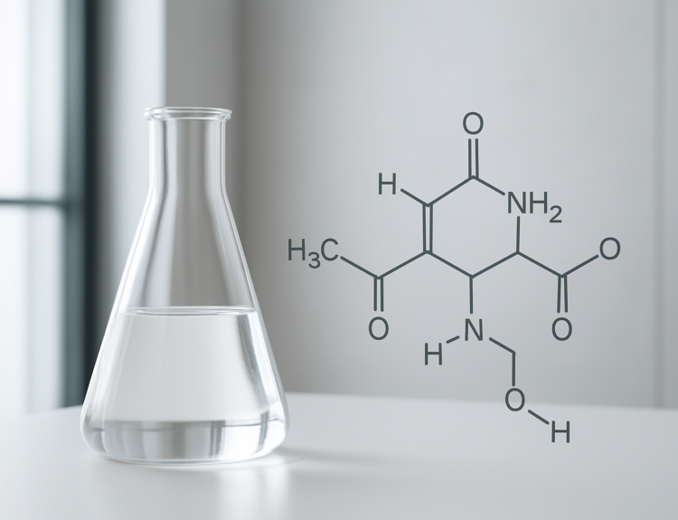 A laboratory flask containing clear liquid with a displayed molecular structure diagram nearby.