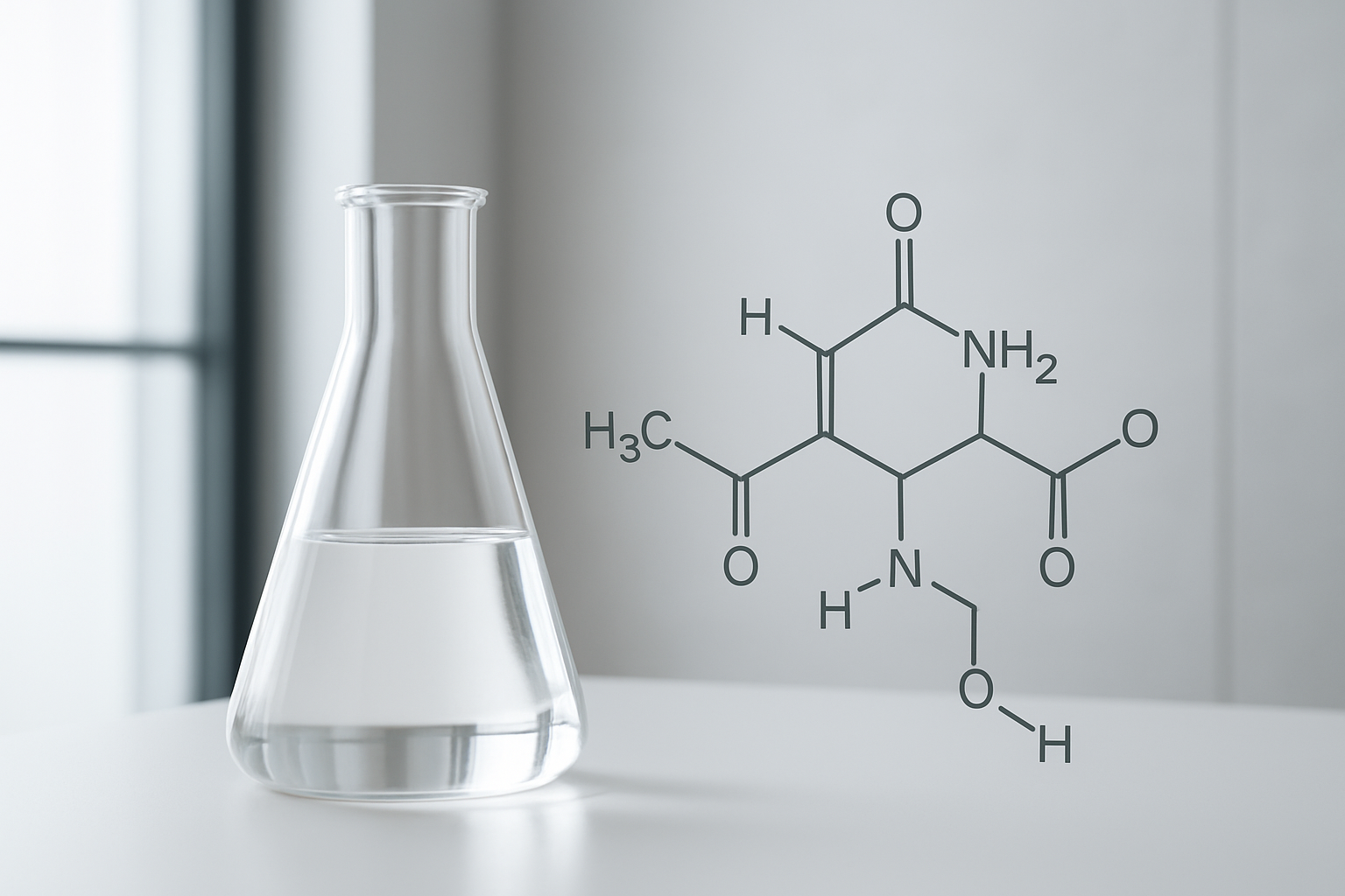 A laboratory flask containing clear liquid with a displayed molecular structure diagram nearby.