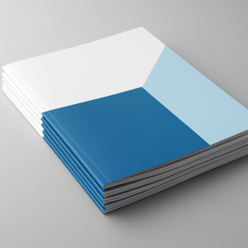 Stack of blue and white printed folders on a grey surface