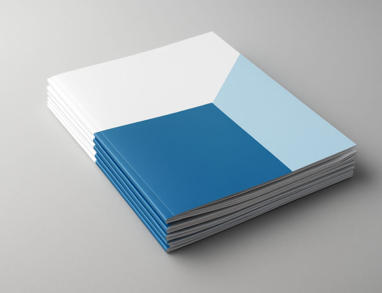 Stack of blue and white printed folders on a grey surface