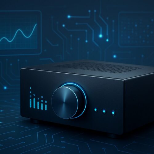 A high-impact amplifier with a sleek design, featuring a prominent control knob and illuminated indicators, set against