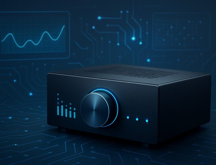 A high-impact amplifier with a sleek design, featuring a prominent control knob and illuminated indicators, set against