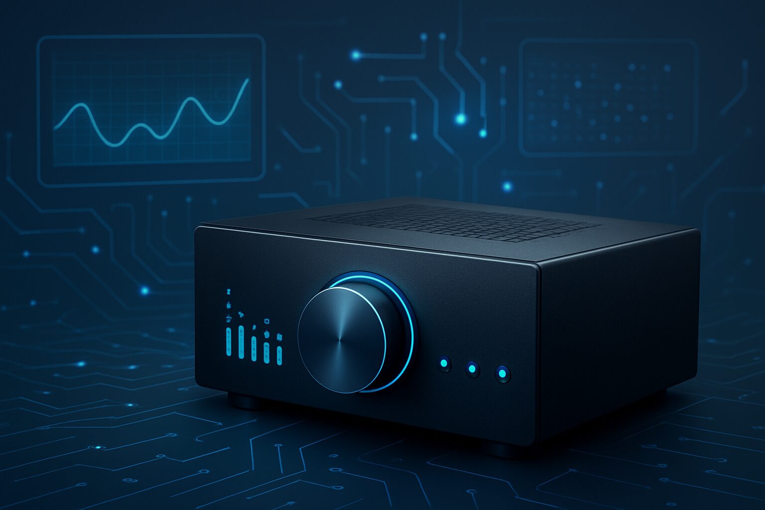 A high-impact amplifier with a sleek design, featuring a prominent control knob and illuminated indicators, set against