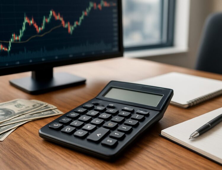 A calculator, cash, and notebooks on a desk with a monitor displaying a financial graph in the background.