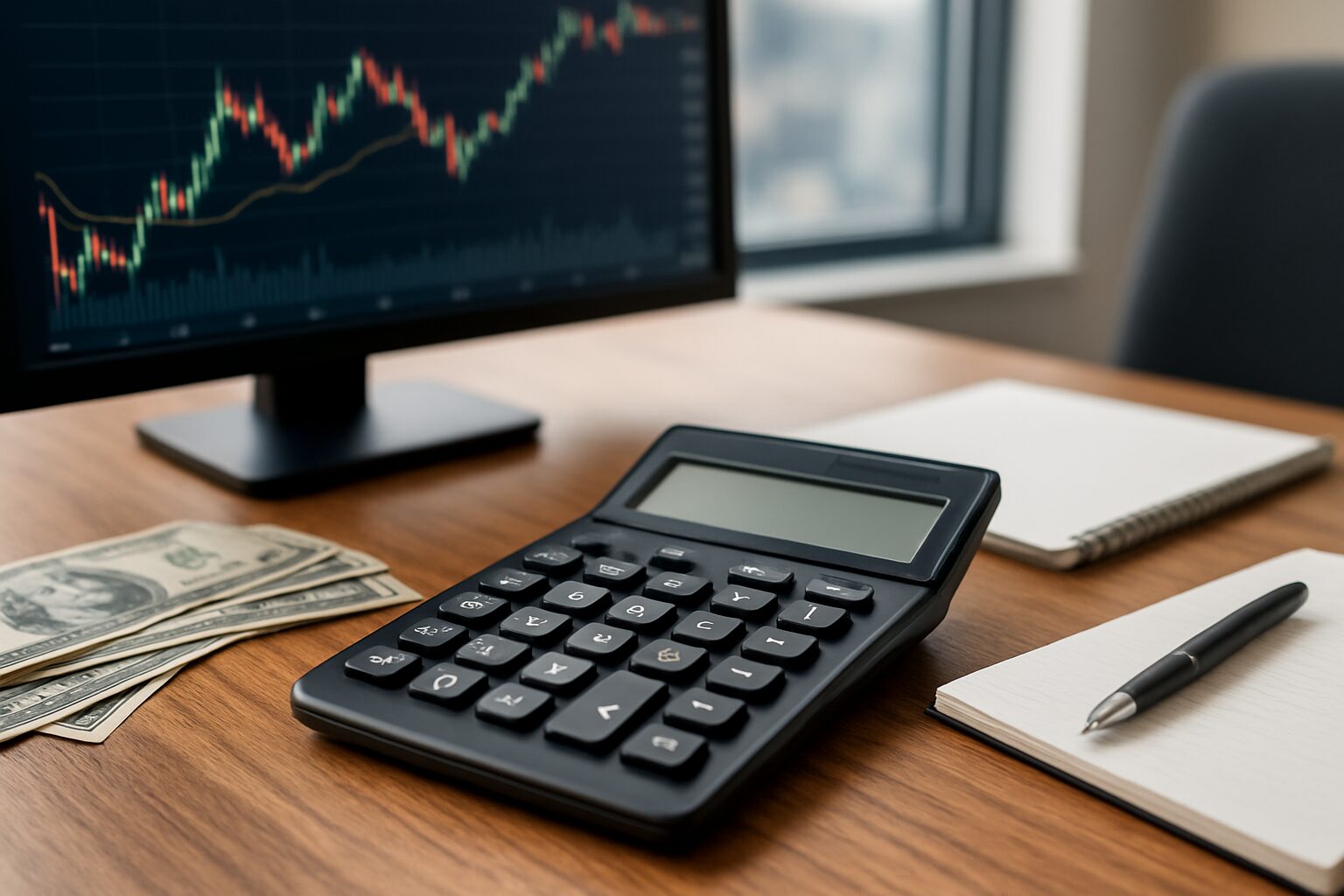 A calculator, cash, and notebooks on a desk with a monitor displaying a financial graph in the background.