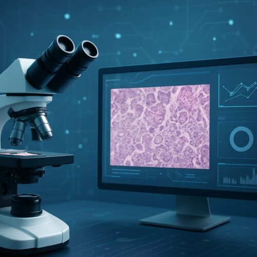 A microscope and a computer monitor displaying a cellular image in a laboratory setting