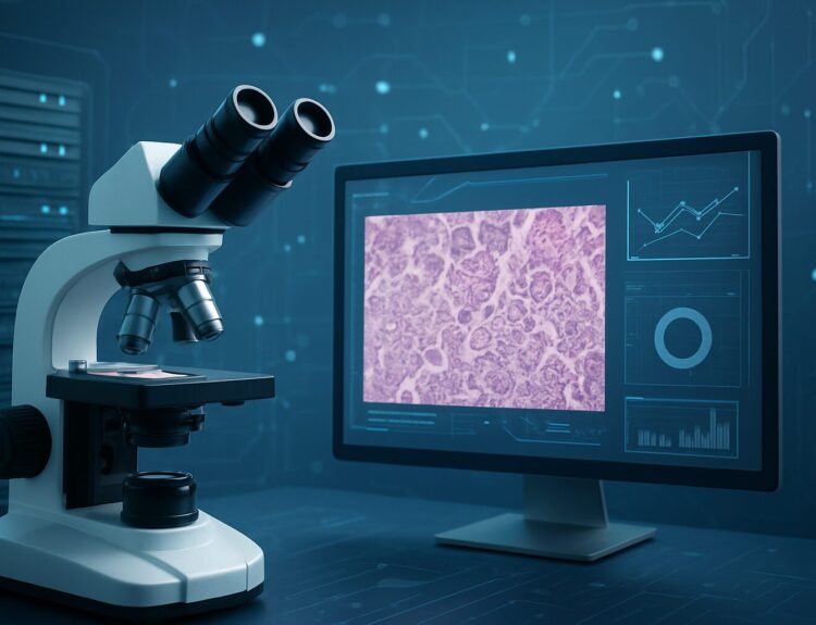 A microscope and a computer monitor displaying a cellular image in a laboratory setting
