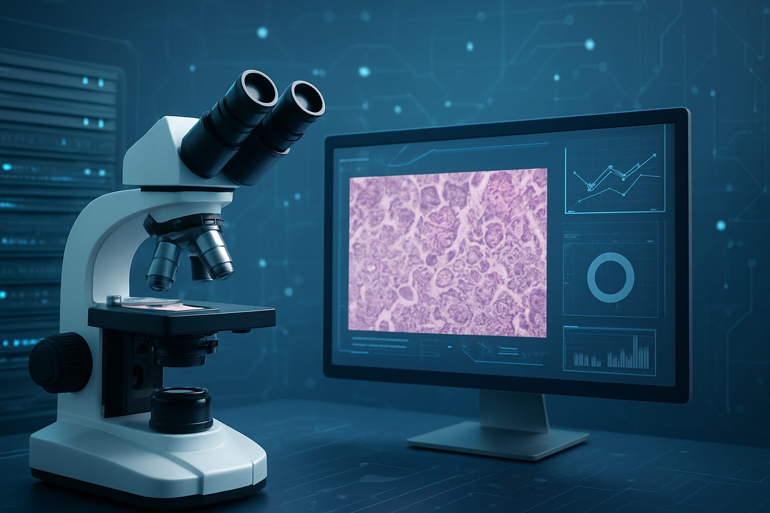 A microscope and a computer monitor displaying a cellular image in a laboratory setting