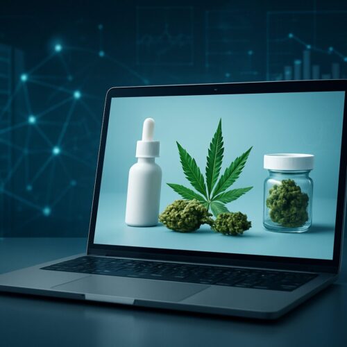 A laptop displaying cannabis products, including a jar of cannabis and a dropper bottle, against a tech-inspired backgro
