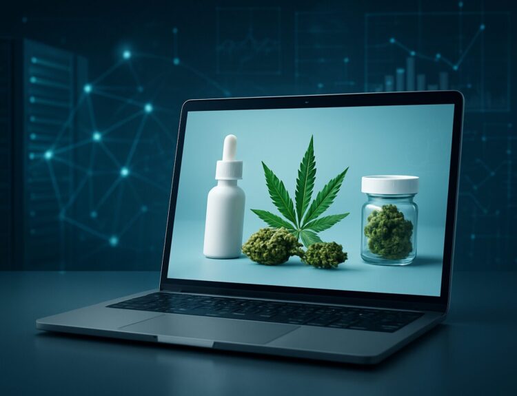 A laptop displaying cannabis products, including a jar of cannabis and a dropper bottle, against a tech-inspired backgro