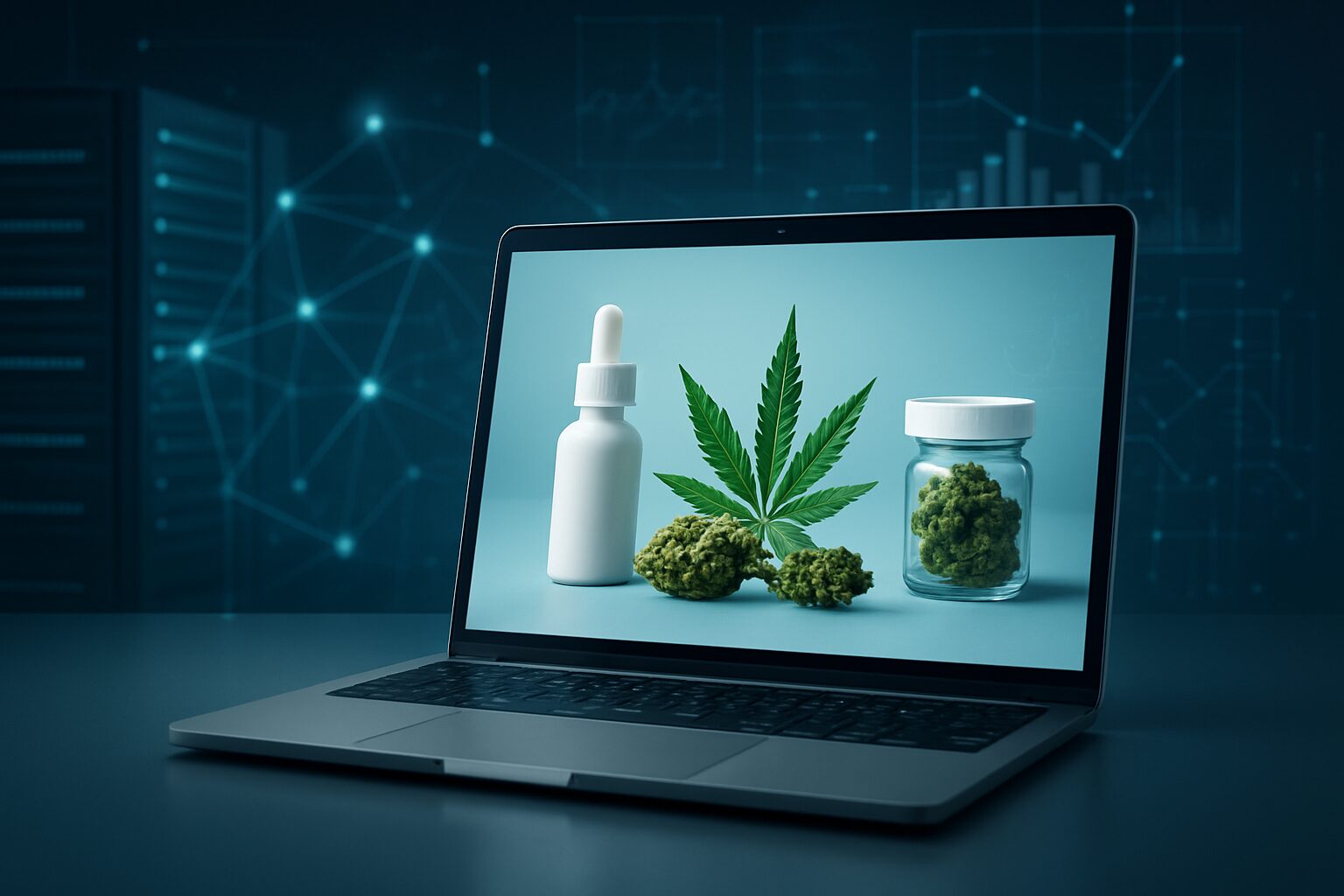 A laptop displaying cannabis products, including a jar of cannabis and a dropper bottle, against a tech-inspired backgro