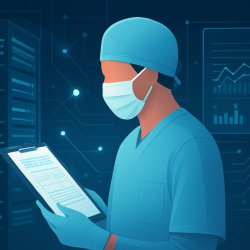 A healthcare professional in scrubs and mask holding a clipboard with digital data in the background