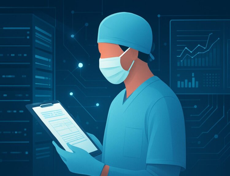 A healthcare professional in scrubs and mask holding a clipboard with digital data in the background