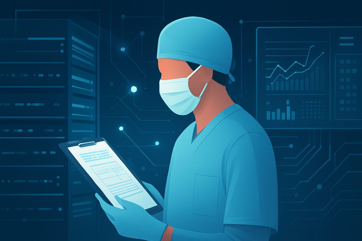 A healthcare professional in scrubs and mask holding a clipboard with digital data in the background