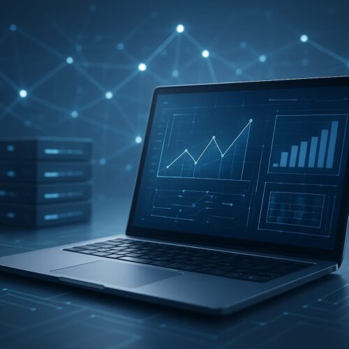 A laptop displaying analytical data graphs and a network background.