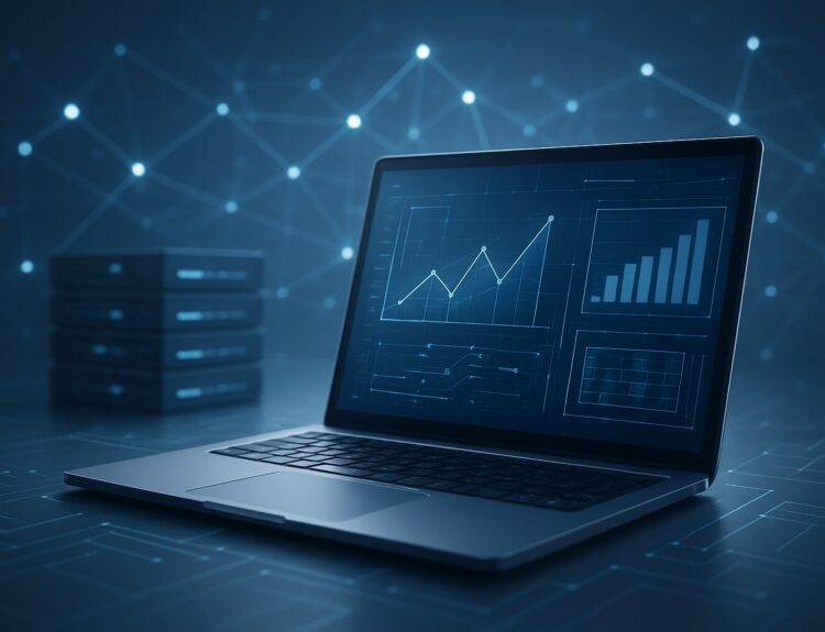 A laptop displaying analytical data graphs and a network background.