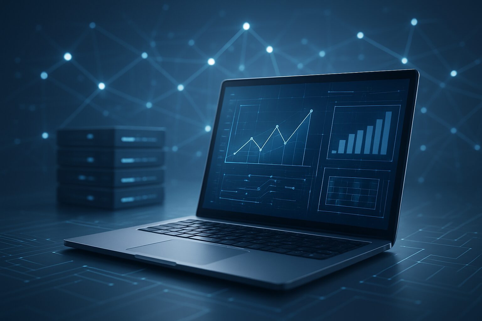A laptop displaying analytical data graphs and a network background.