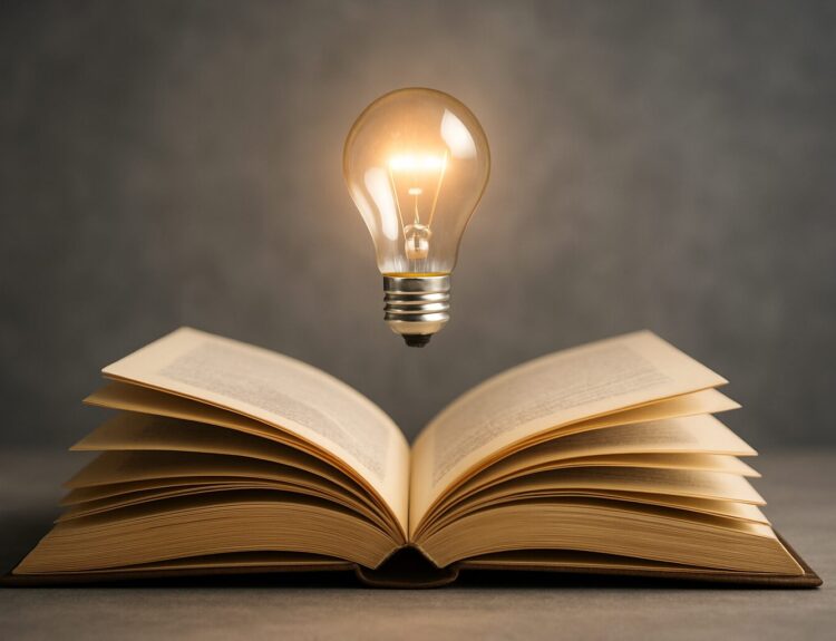 An open book with a glowing light bulb hovering above it, symbolizing ideas and intellectual curiosity.