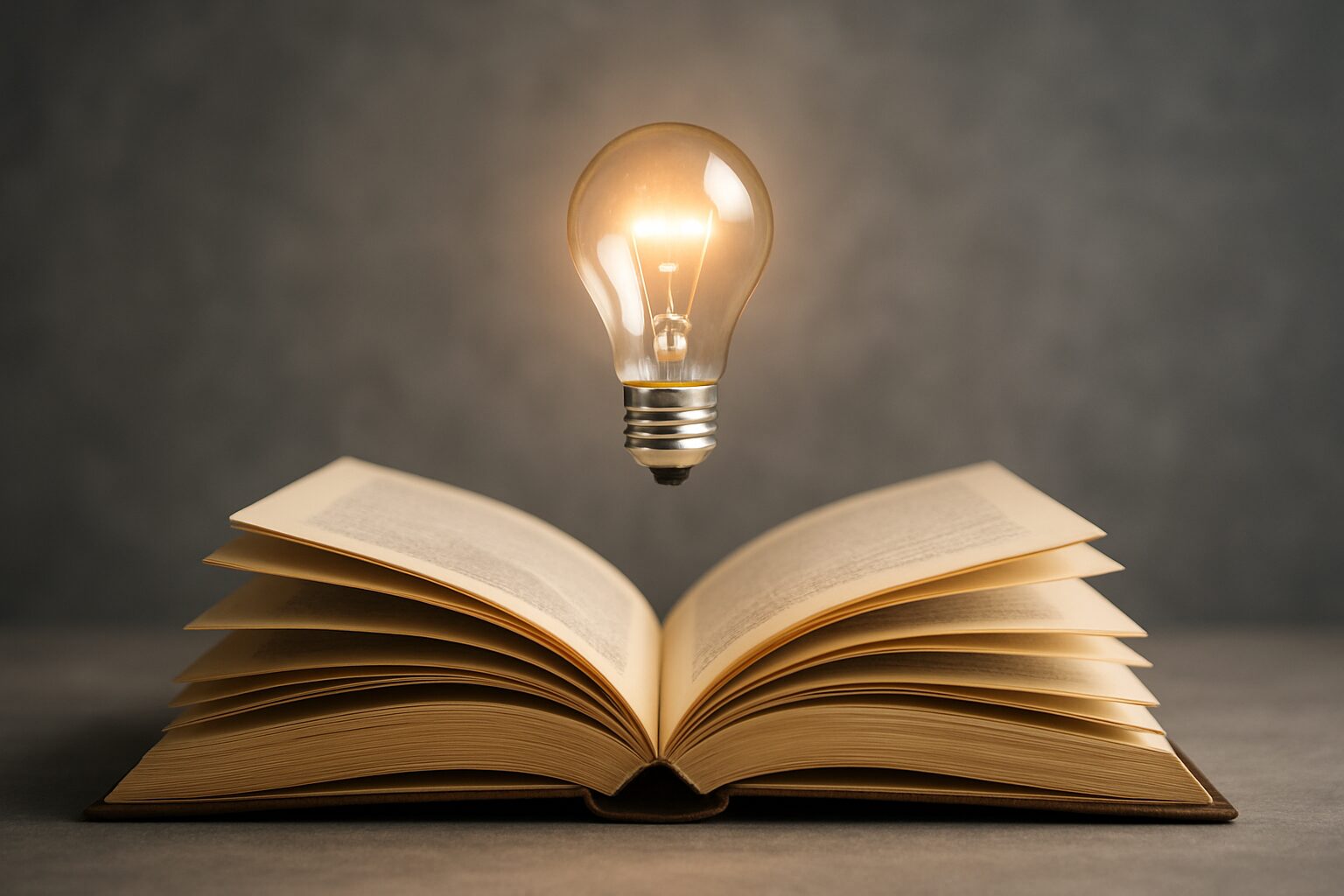 An open book with a glowing light bulb hovering above it, symbolizing ideas and intellectual curiosity.